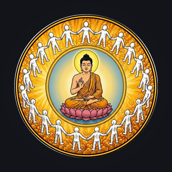 A megvilágosodott Buddha a lótuszon, körülötte a felébredt, kéz a kézben álló közösség